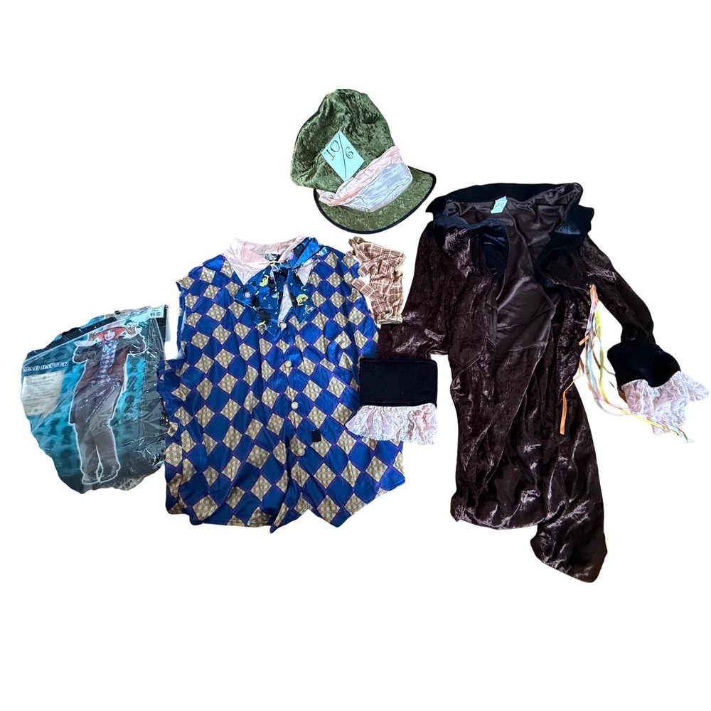 Mad Hatter 5 Piece Costume Set Adult Plus Jacket Vest Hat Gloves Wonderland